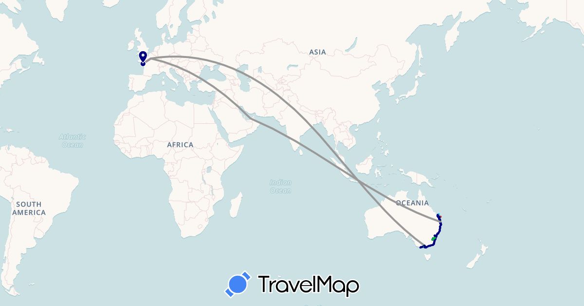 TravelMap itinerary: driving, bus, plane, cycling, train, hiking, boat, ferry + bus 4x4 in United Arab Emirates, Australia, France, India (Asia, Europe, Oceania)